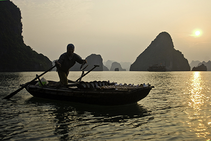 Vendor selling seafood at sunset on Ha Long Bay, Vietnam